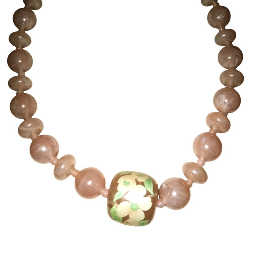 Vintage Pink Celluloid Painted Floral Necklace Good Condition SEE NOTES